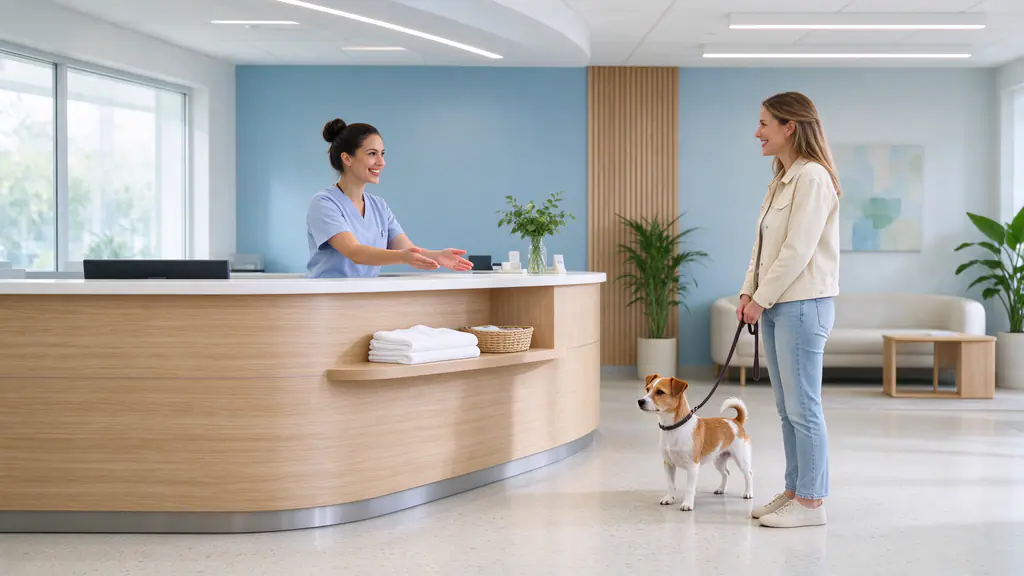 Het onthaal van de kliniek, een klant komt binnen met haar hondje