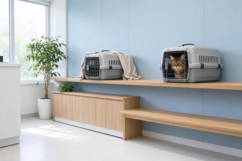 Wachtzaal voor katten: houten rekken waarop de reismanden staan