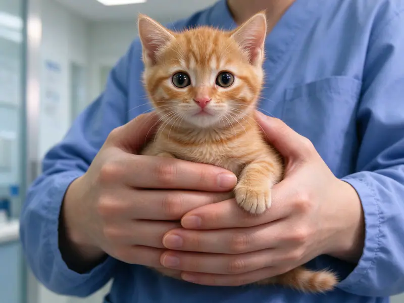 Un chaton roux dans les mains d’une vétérinaire