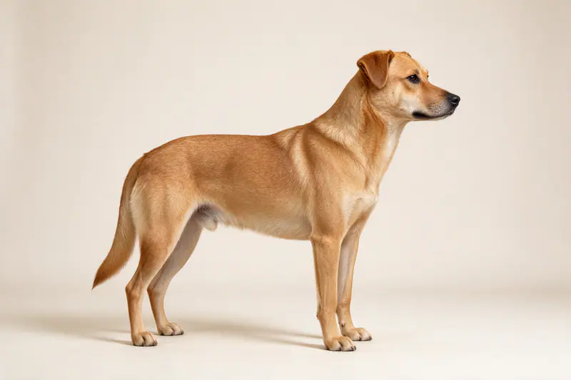 Beige hond in profiel, staand op een lichte achtergrond