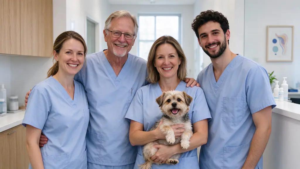 Het team van de kliniek in hemelsblauwe kledij, een van de dierenartsen houdt een hondje vast