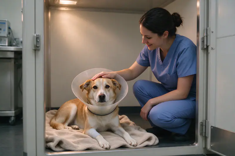 Een rustende hond met een kraag, een assistente aait hem