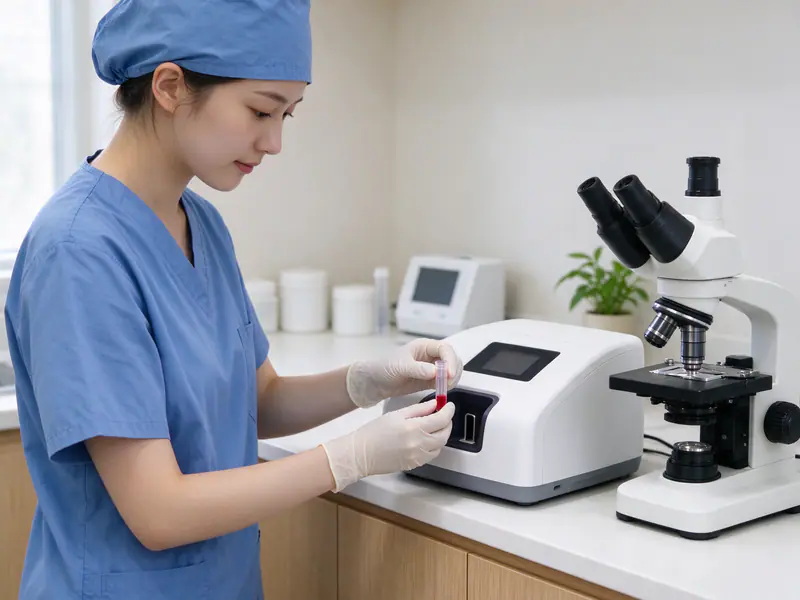 Een assistente plaatst een bloedbuisje in de analyser van het labo